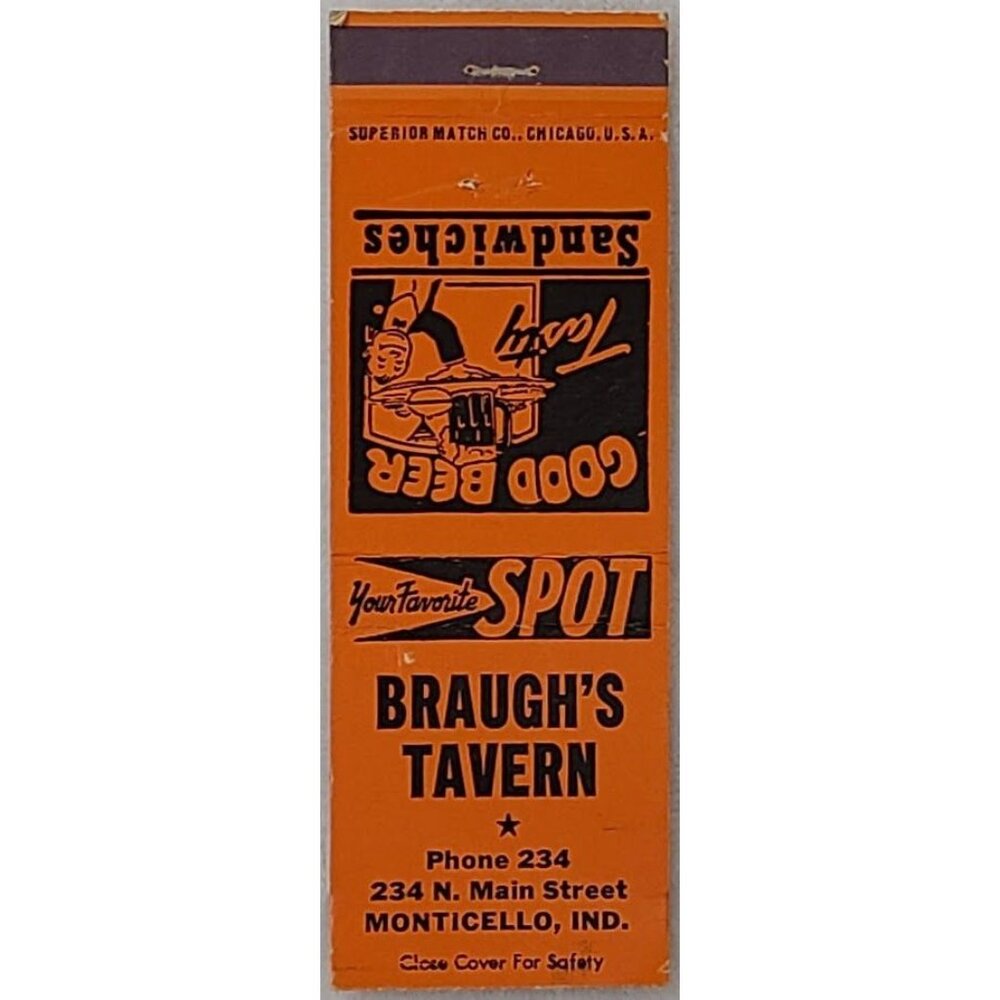 Vintage Matchbook Cover Braugh’s Tavern Monticello IN Indiana Orange